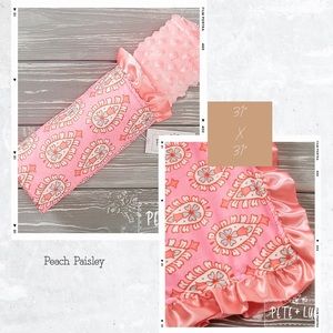 31”x 31” Peach Paisley Minky Blanket with satin ruffled edge